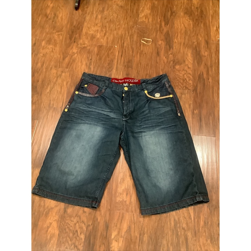 THE CROWN HOLDER Embroidered Jean Shorts Size 42 Urban Hip Hop Street Wear